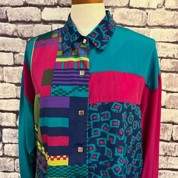 Jo Hardin Vintage Multicolored Long Sleeve Blouse Size 12 - Picture 2 of 10